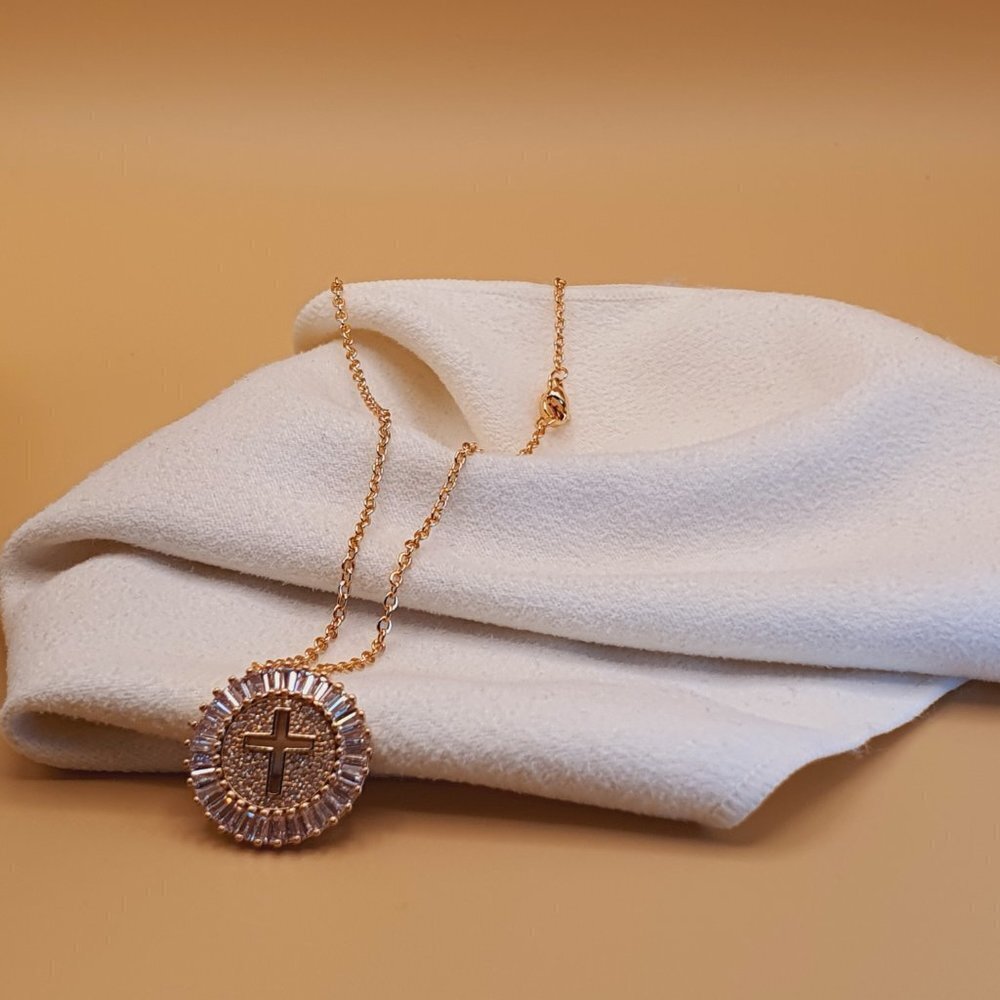 Round Cross Carved CZ Full Filled 14K Gold Plated Dainty Necklace, INDN8639 - Picture 5 of 5